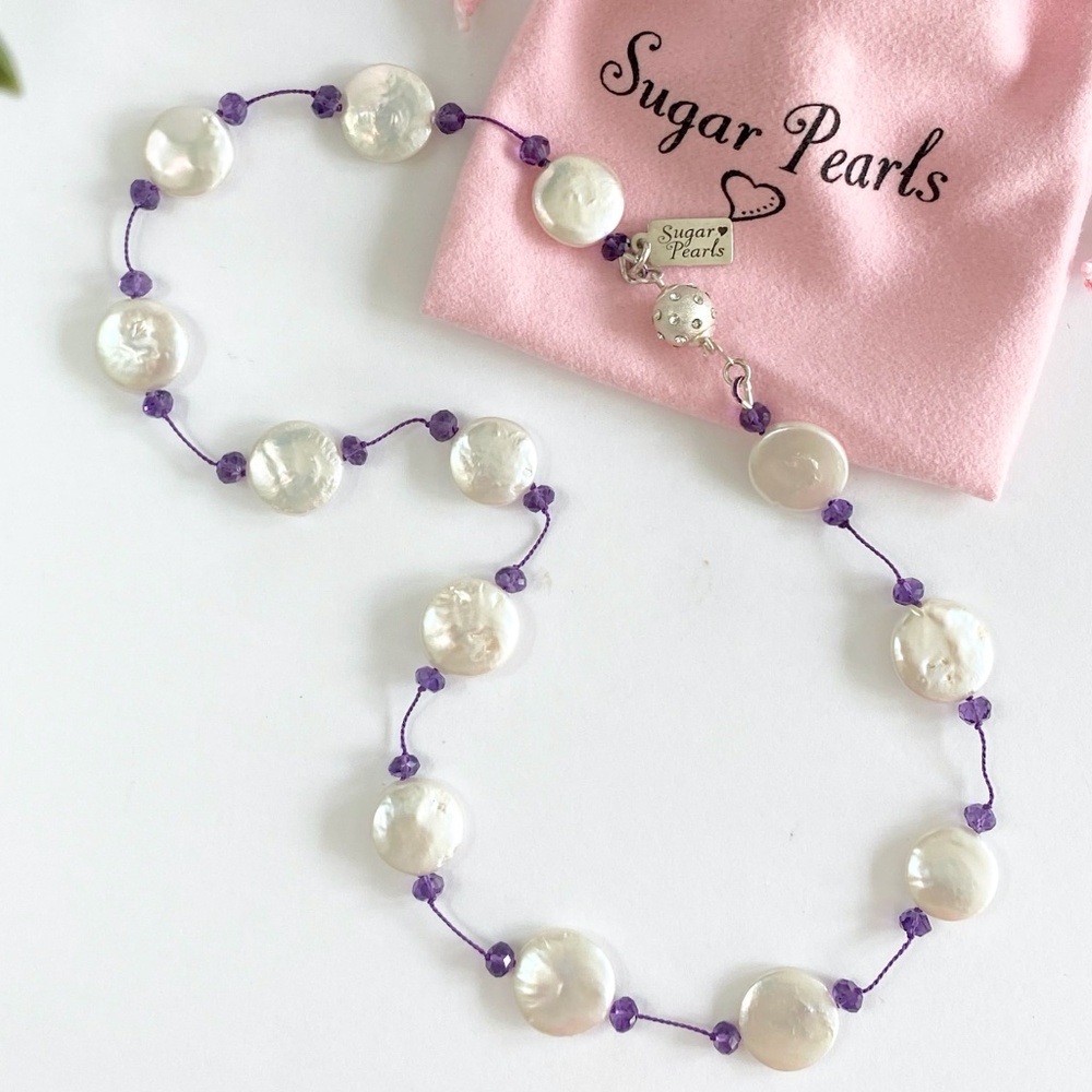 Tin Cup Coin Pearl & Amethyst Necklace